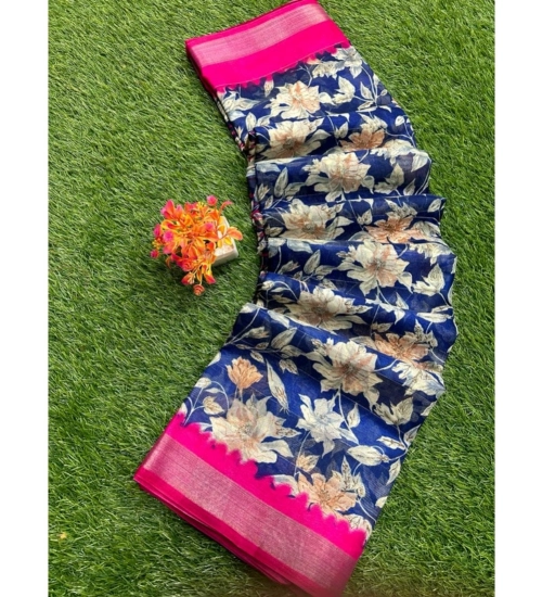 Women's linen Printed Saree With Unstitched Blouse (Blue, 5-5 Mtrs)