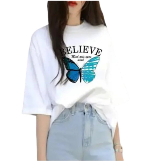 Women's Lycra Printed Round Neck Short Sleeve T-Shirt (White)