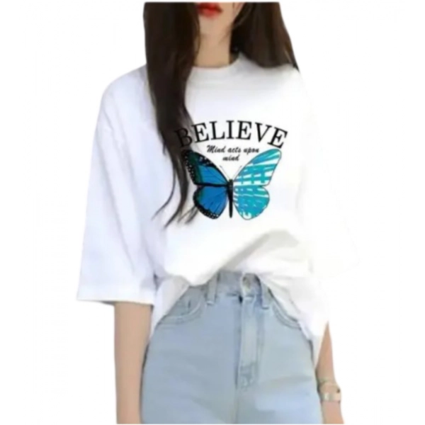 Dropship Women's Lycra Printed Round Neck Short Sleeve T-Shirt (White)