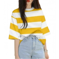 Women's Lycra Striped Round Neck Short Sleeve T-Shirt (White-Yellow)