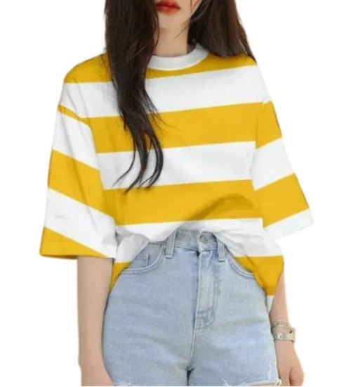 Women's Lycra Striped Round Neck Short Sleeve T-Shirt (White-Yellow)
