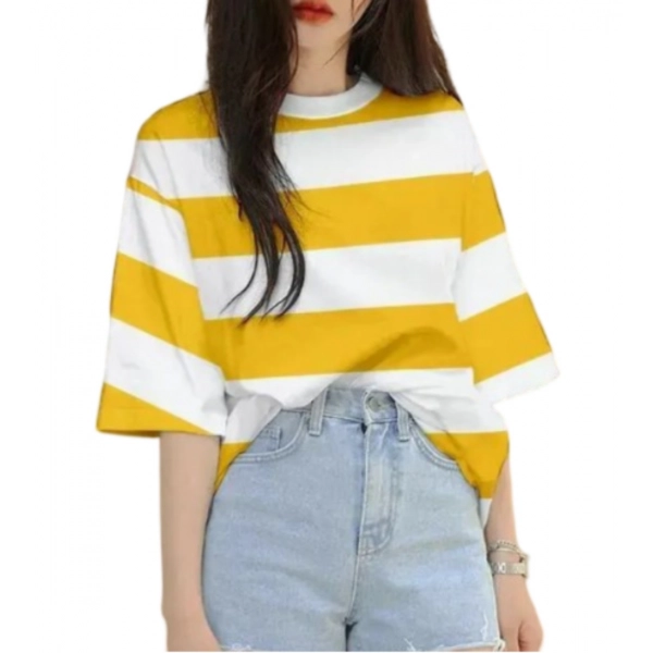 Dropship Women's Lycra Striped Round Neck Short Sleeve T-Shirt (White-Yellow)