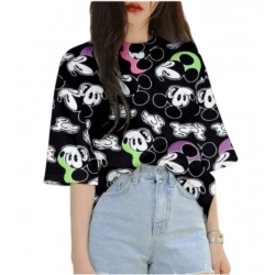 Women's Lycra Printed Round Neck Short Sleeve T-Shirt (Black)