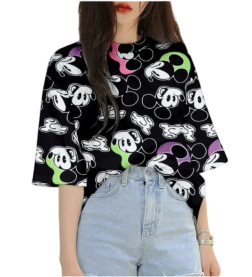 Women's Lycra Printed Round Neck Short Sleeve T-Shirt (Black)