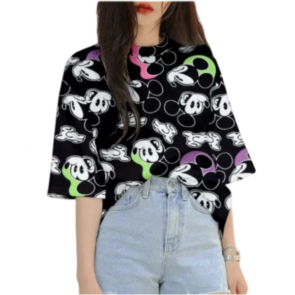 Dropship Women's Lycra Printed Round Neck Short Sleeve T-Shirt (Black)