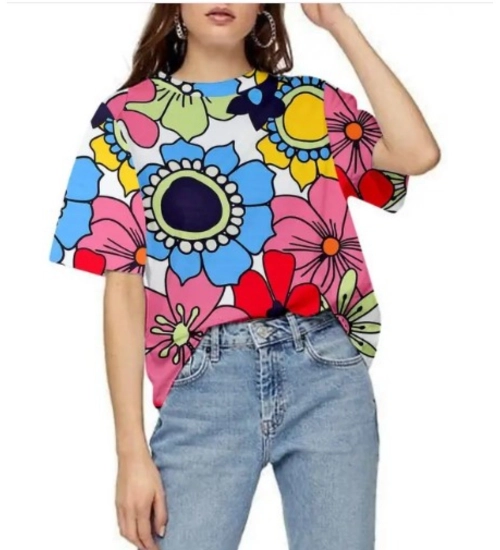 Women's Lycra Printed Round Neck Short Sleeve T-Shirt (Multicolor)