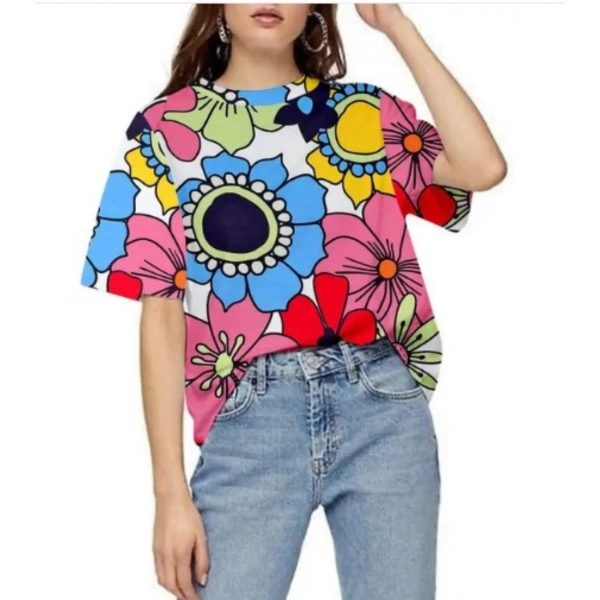 Dropship Women's Lycra Printed Round Neck Short Sleeve T-Shirt (Multicolor)