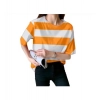 Dropship Women's Lycra Striped Round Neck Short Sleeve T-Shirt (White-Orange)