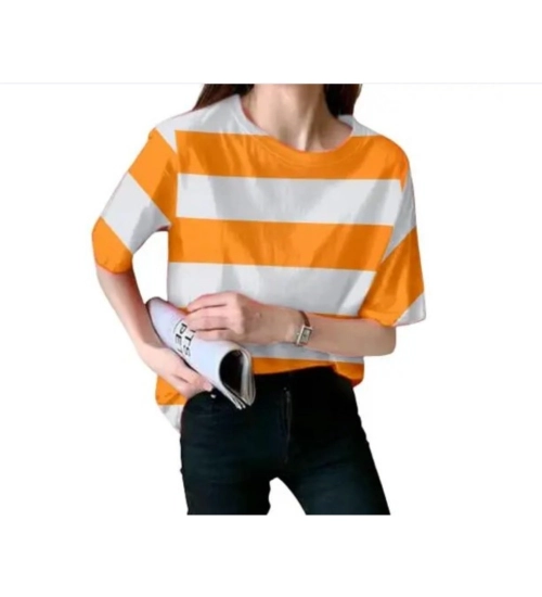 Women's Lycra Striped Round Neck Short Sleeve T-Shirt (White-Orange)