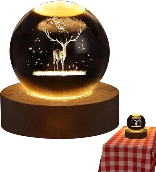 Wood 3D Galaxy Crystal Ball Night Lamp Colorful LED Wooden for Deer (Transparent)