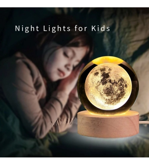 Wood 3D Moon Crystal Ball Night Lamp Colorful LED Wooden for Moon (Transparent)