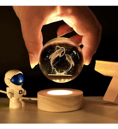Wood 3D Dolphin Crystal Ball Night Light Dolphin Love (Transparent)