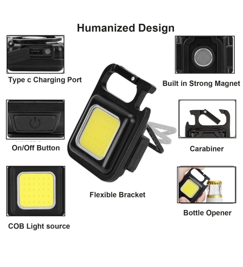 Metal COB Keychain Light,Rechargeable Led Small Flashlight 500 Lumens Brigh Pack of 1 (Black)