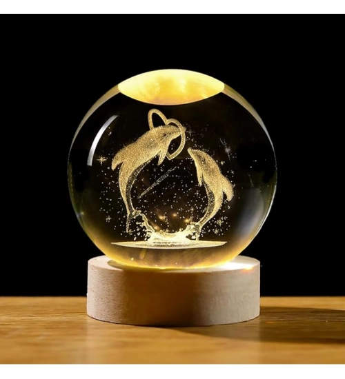 Wood 3D Dolphin Crystal Ball Night Light Dolphin Love (Transparent)