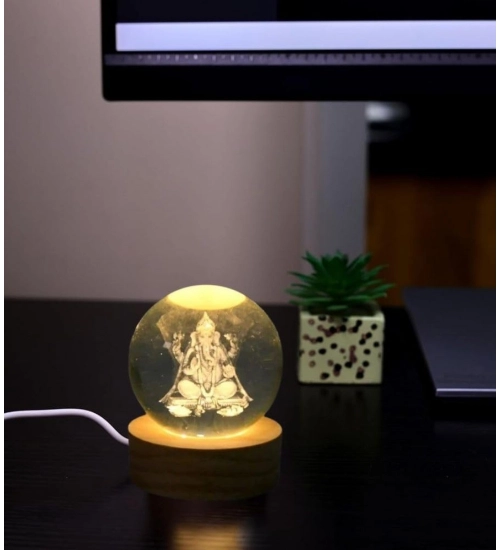 Wood Lord Ganesh Ji Crystal Ball Night Light (Transparent)