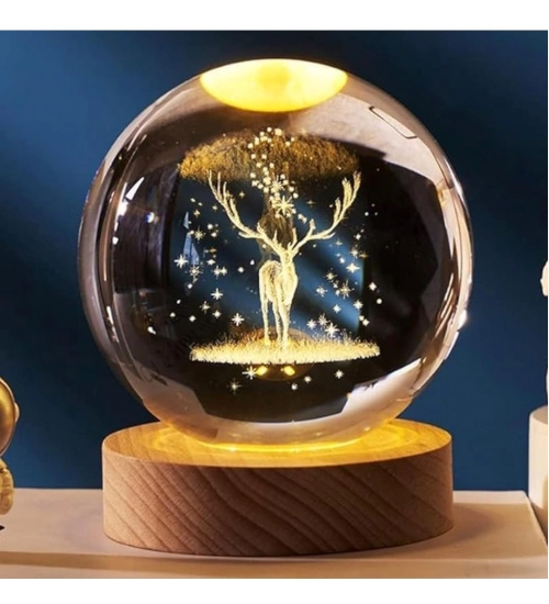 Wood 3D Galaxy Crystal Ball Night Lamp Colorful LED Wooden for Deer (Transparent)