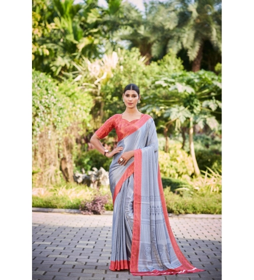 Women's Crepe Printed Saree With Unstitched Blouse (Grey, 5-5 Mtrs)