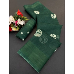 Women's Cotton Blend Printed Saree With Unstitched Blouse (Green, 5-5 Mtrs)