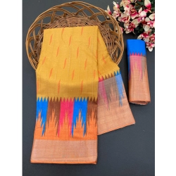 Women's Cotton Blend Printed Saree With Unstitched Blouse (Mustard, 5-5 Mtrs)