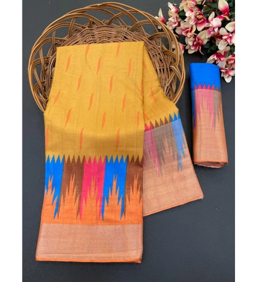 Women's Cotton Blend Printed Saree With Unstitched Blouse (Mustard, 5-5 Mtrs)