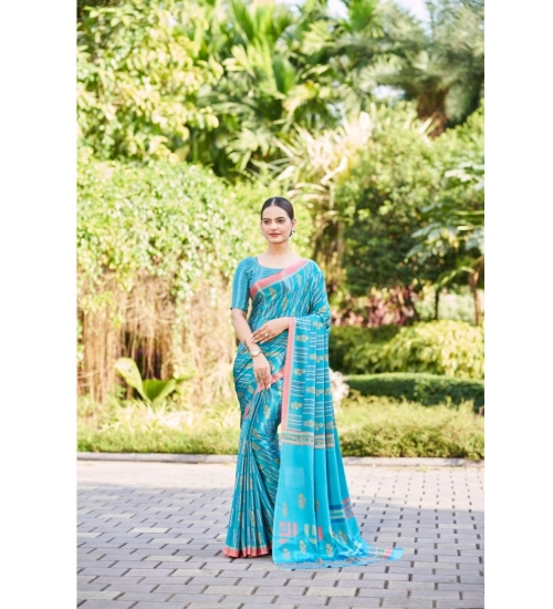Women's Crepe Printed Saree With Unstitched Blouse (Dark Blue, 5-5 Mtrs)