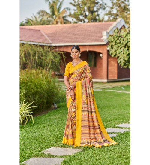 Women's Crepe Printed Saree With Unstitched Blouse (Mustard, 5-5 Mtrs)