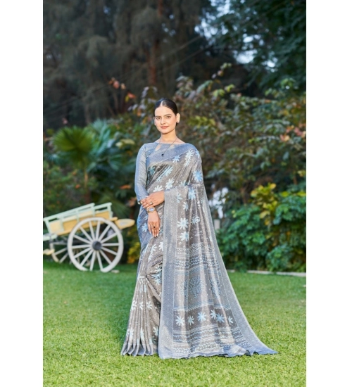 Women's Crepe Printed Saree With Unstitched Blouse (Grey, 5-5 Mtrs)