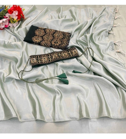 Women's Satin Solid Saree With Unstitched Blouse (Green, 5-5 Mtrs)