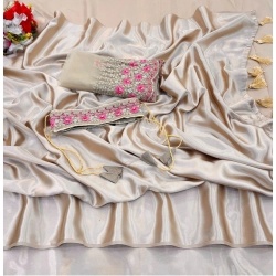 Women's Satin Solid Saree With Unstitched Blouse (Beige, 5-5 Mtrs)