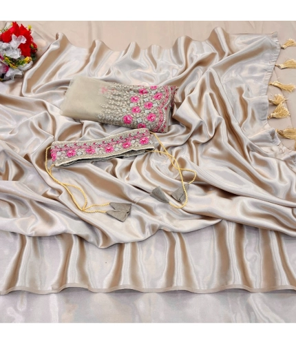 Women's Satin Solid Saree With Unstitched Blouse (Beige, 5-5 Mtrs)