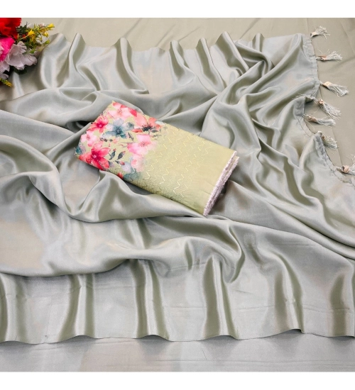 Women's Satin Solid Saree With Unstitched Blouse (Offwhite, 5-5 Mtrs)