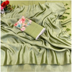 Women's Satin Solid Saree With Unstitched Blouse (Mehendi, 5-5 Mtrs)