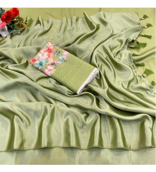 Women's Satin Solid Saree With Unstitched Blouse (Mehendi, 5-5 Mtrs)