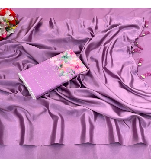 Women's Satin Solid Saree With Unstitched Blouse (Purple, 5-5 Mtrs)