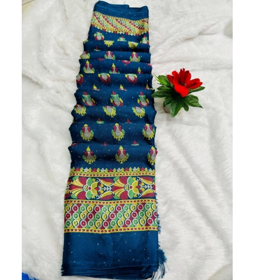 Women's Silk Blend Printed Saree With Unstitched Blouse (Navy, 5-5 Mtrs)