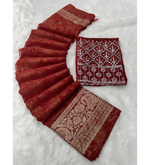 Women's Georgette Printed Saree With Unstitched Blouse (Orange, 5-5 Mtrs)