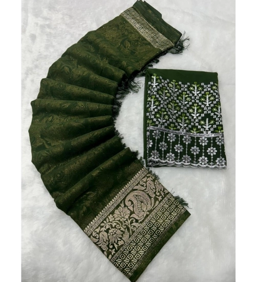 Women's Georgette Printed Saree With Unstitched Blouse (Green, 5-5 Mtrs)