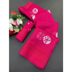 Women's Cotton Blend Printed Saree With Unstitched Blouse (Pink, 5-5 Mtrs)