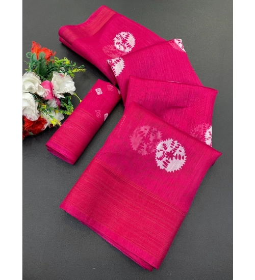 Women's Cotton Blend Printed Saree With Unstitched Blouse (Pink, 5-5 Mtrs)