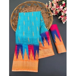 Women's Cotton Blend Printed Saree With Unstitched Blouse (Blue, 5-5 Mtrs)