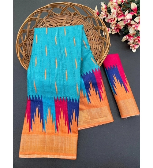 Women's Cotton Blend Printed Saree With Unstitched Blouse (Blue, 5-5 Mtrs)