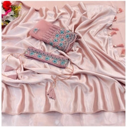 Women's Satin Solid Saree With Unstitched Blouse (Pink, 5-5 Mtrs)