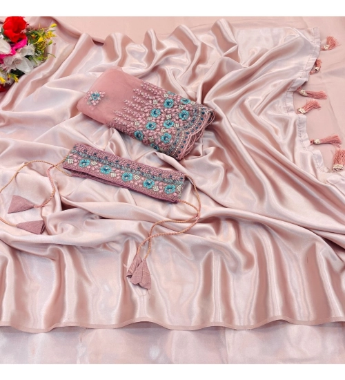Women's Satin Solid Saree With Unstitched Blouse (Pink, 5-5 Mtrs)