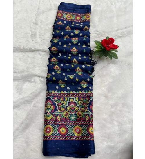 Women's Chiffon Printed Saree With Unstitched Blouse (Navy, 5-5 Mtrs)