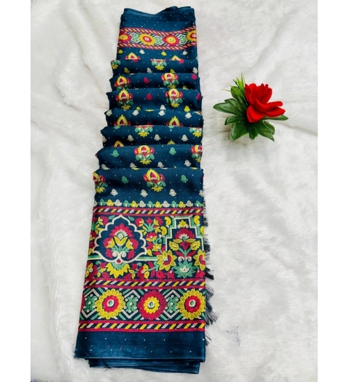 Women's Chiffon Printed Saree With Unstitched Blouse (Teal, 5-5 Mtrs)