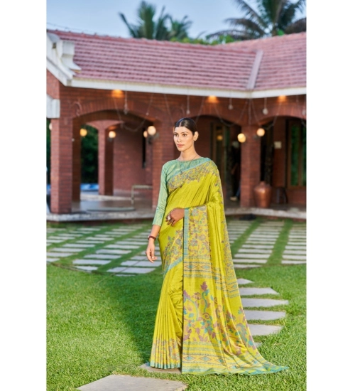 Women's Crepe Printed Saree With Unstitched Blouse (Dark Green, 5-5 Mtrs)