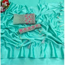 Women's Satin Solid Saree With Unstitched Blouse (Skyblue, 5-5 Mtrs)