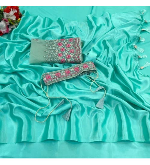 Women's Satin Solid Saree With Unstitched Blouse (Skyblue, 5-5 Mtrs)