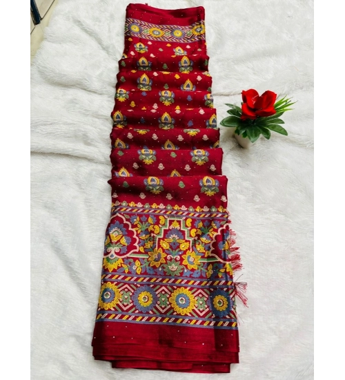 Women's Chiffon Printed Saree With Unstitched Blouse (Red, 5-5 Mtrs)