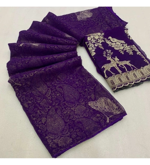 Women's Georgette Printed Saree With Unstitched Blouse (Purple, 5-5 Mtrs)